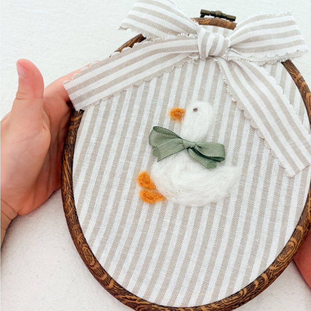 White Duck Needle-Felt Hoop Art with Green Bow Accent